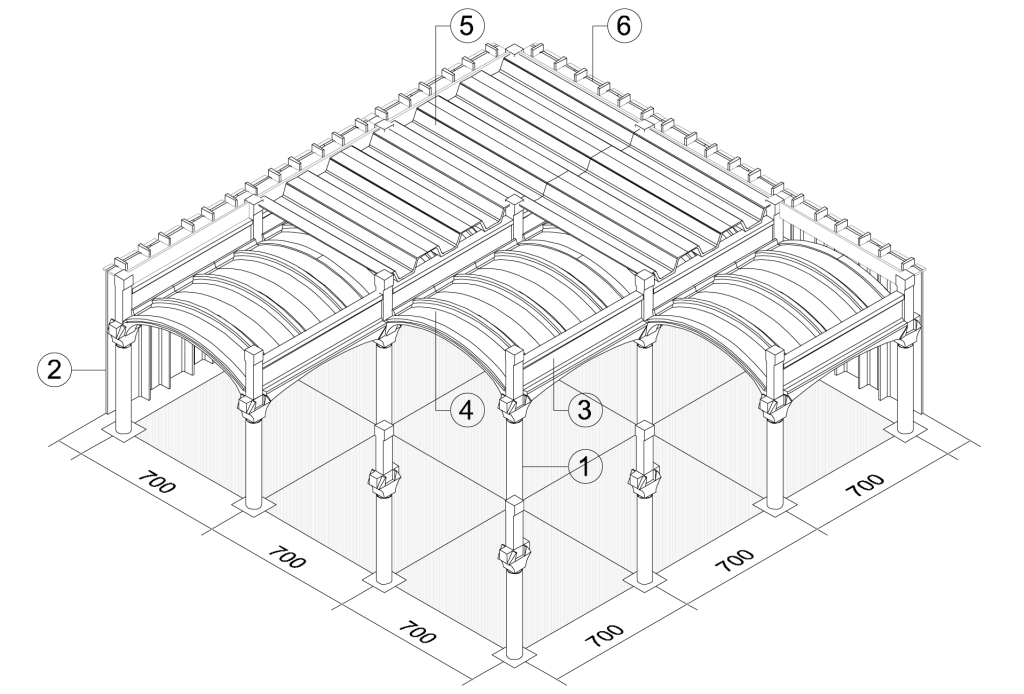 Sistema architettonico a volte con maglia strutturale 7x7 - Moretti Modular Contractor